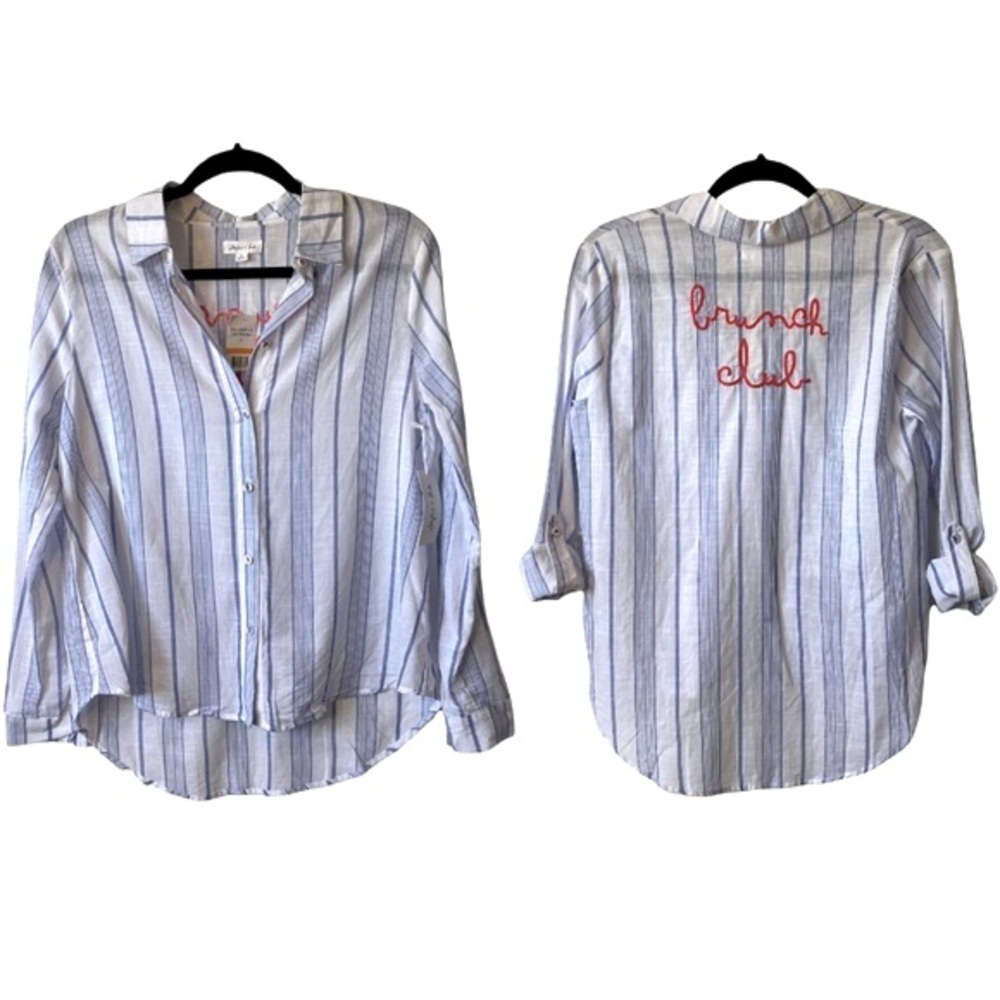 Skylar + Jade Top Size Small White Blue Stripe “Brunch Club” Long Sleeve